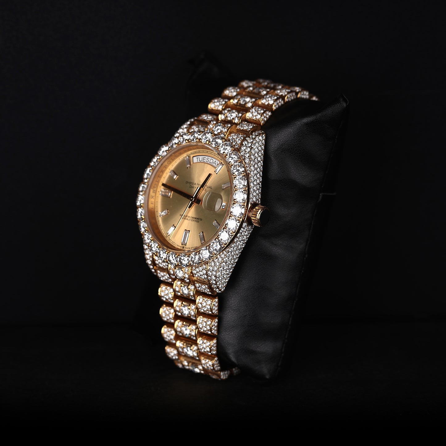 mens hip hop style iced out watch with gold face and strong luxury shine