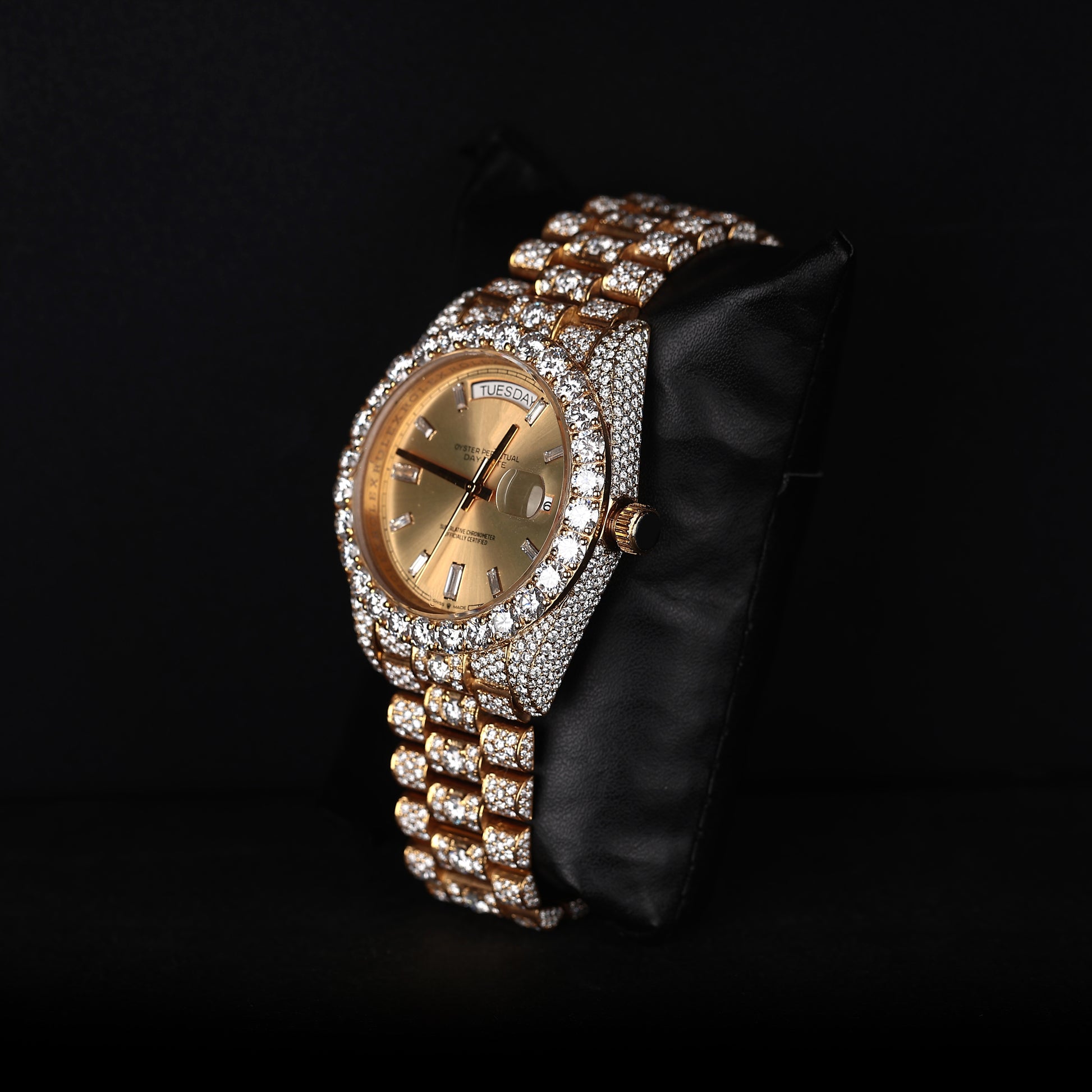 mens hip hop style iced out watch with gold face and strong luxury shine