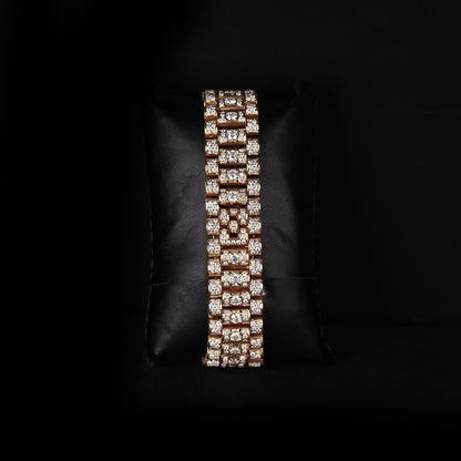 yellow wristwatch with diamond style stones and premium gold dial finish