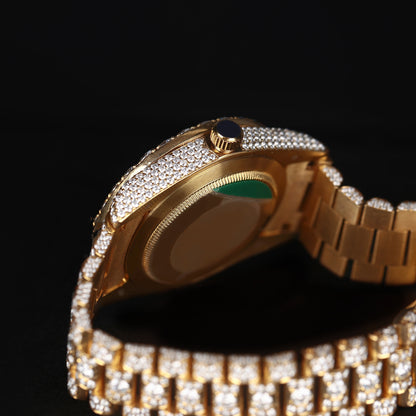 hip hop style iced watch with yellow tone and diamond style stones