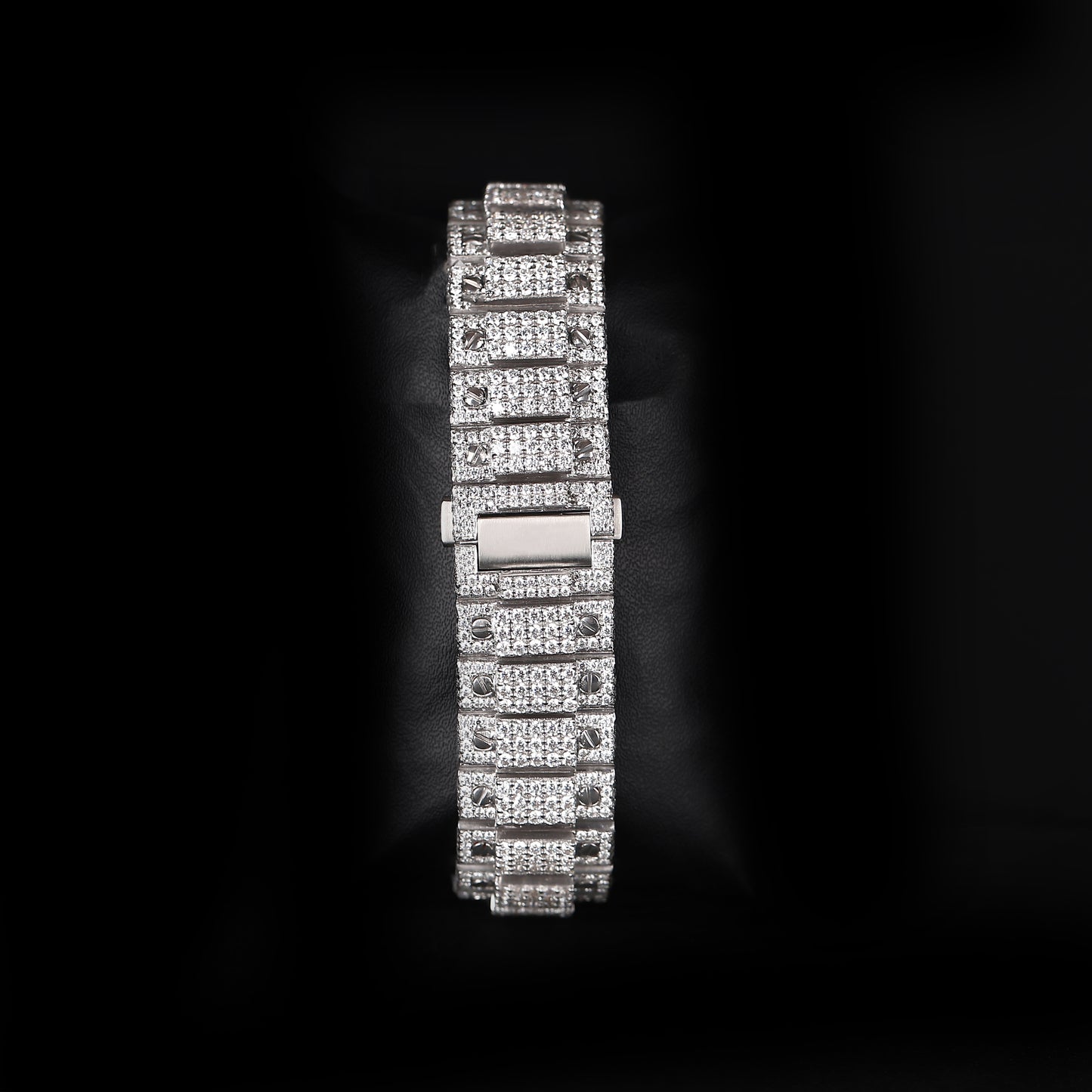 automatic luxury watch with full iced bracelet and unique arabic numeral dial
