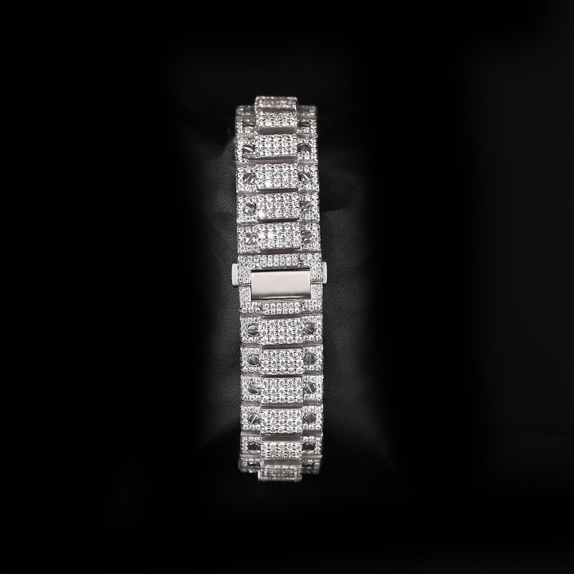automatic luxury watch with full iced bracelet and unique arabic numeral dial