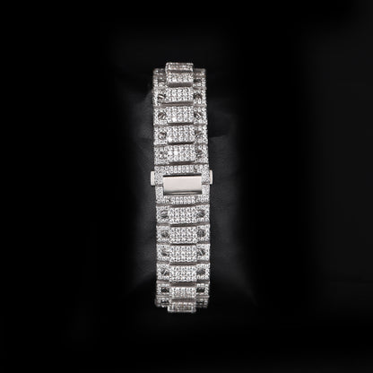 automatic luxury watch with full iced bracelet and unique arabic numeral dial