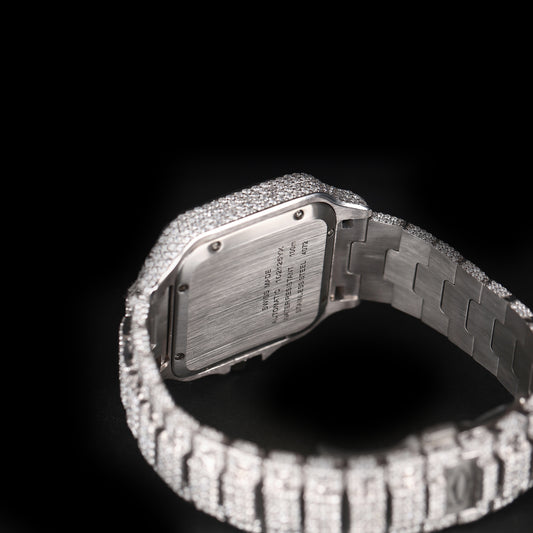 premium moissanite watch with square face and arabic numbers iced out design