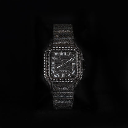 black iced out square watch with dark diamond style stones and roman dial