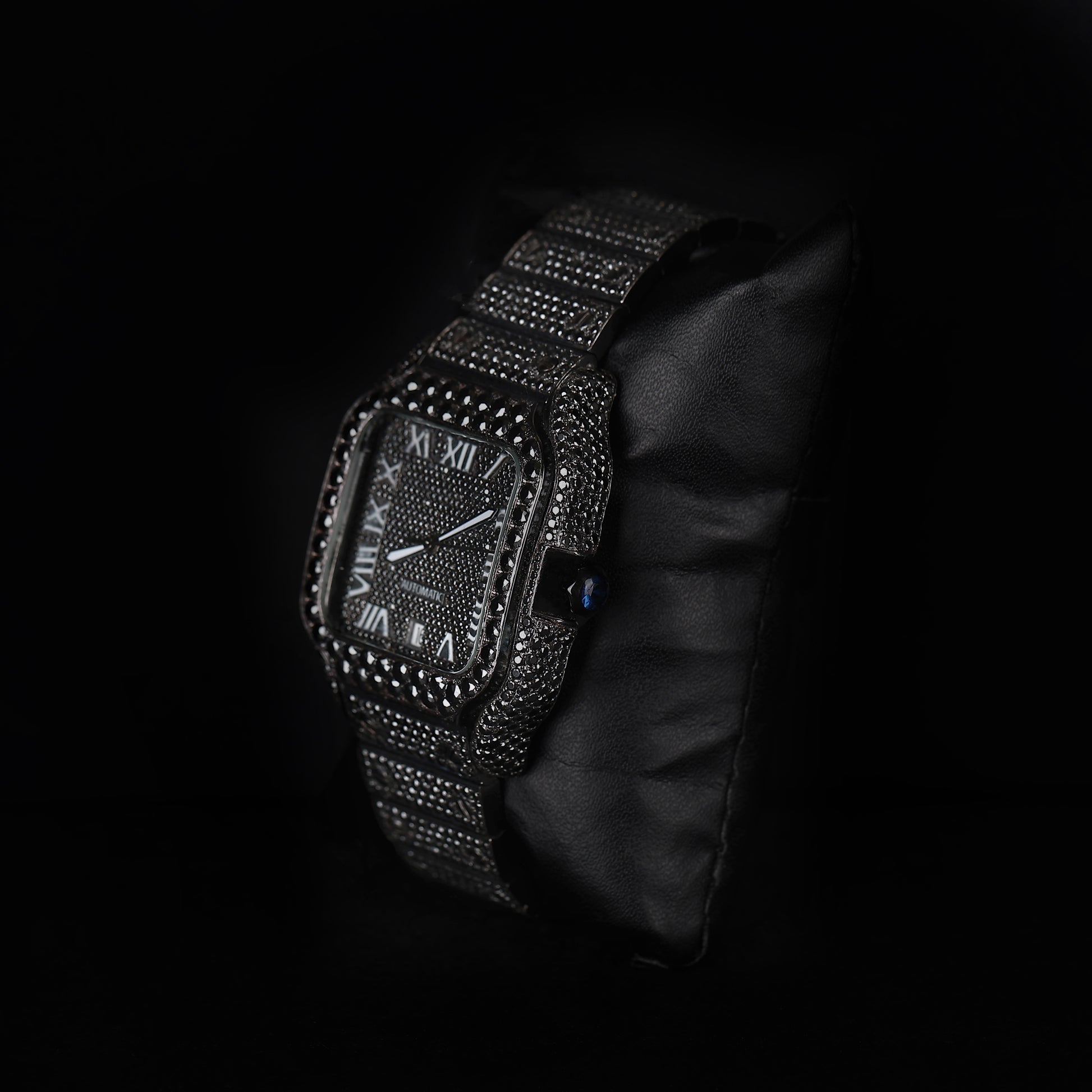 luxury black moissanite watch with full iced bracelet and stealth design