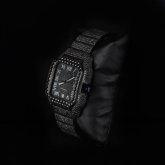 luxury black moissanite watch with full iced bracelet and stealth design