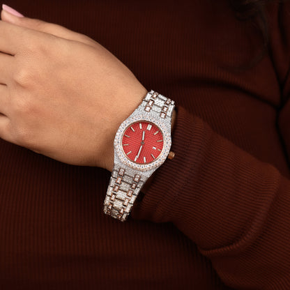 luxury 34mm watch for women with two tone finish and red dial