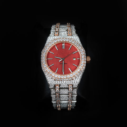luxury iced two tone watch with red dial and diamond bezel