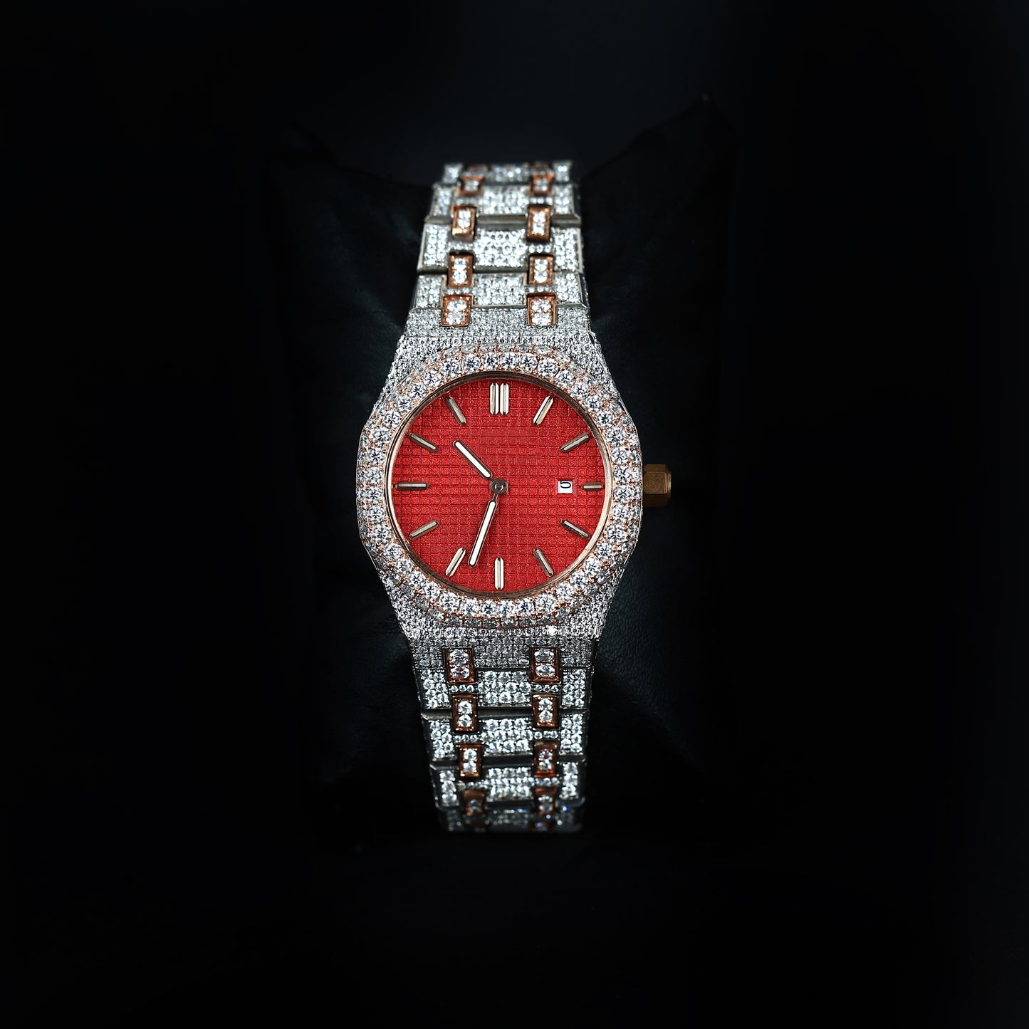 34mm luxury iced ladies watch with red dial and diamond bezel