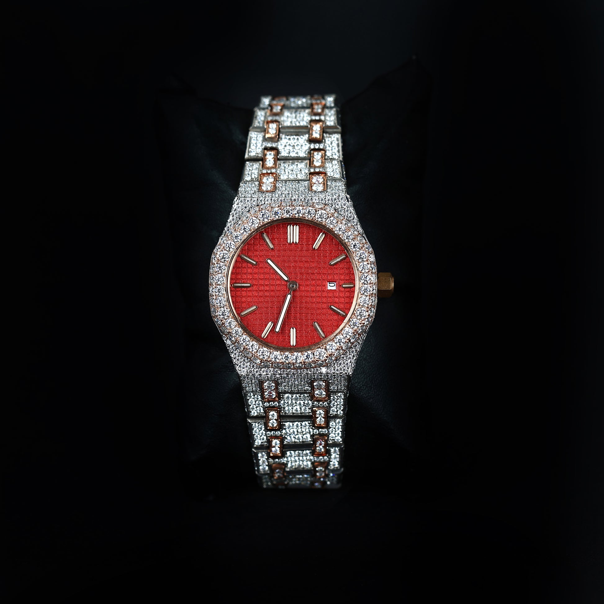 34mm luxury iced ladies watch with red dial and diamond bezel