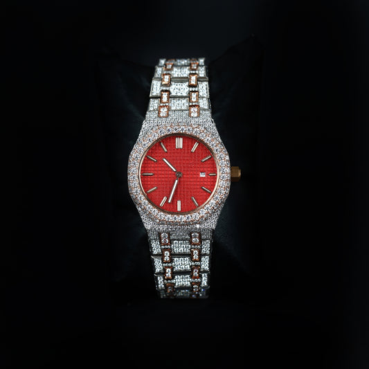 34mm luxury iced ladies watch with red dial and diamond bezel