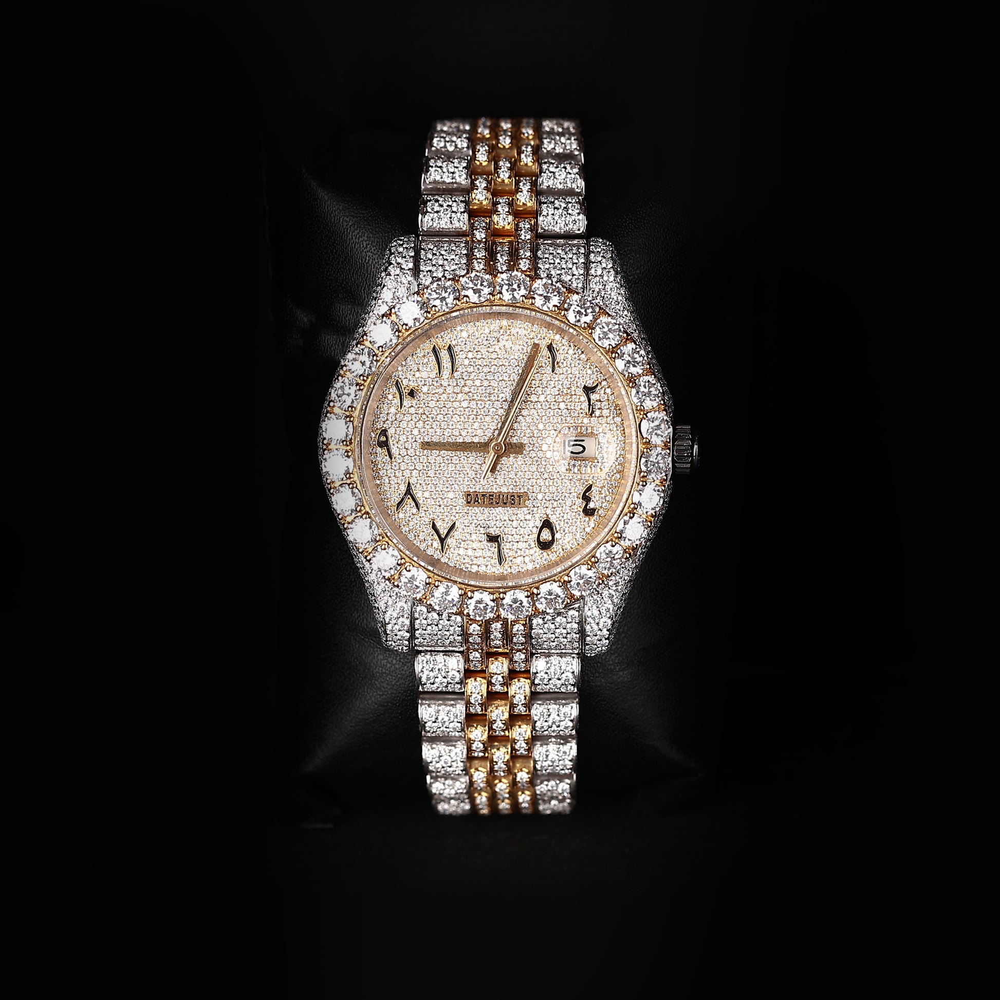 two tone iced watch with arabic dial and diamond bezel design
