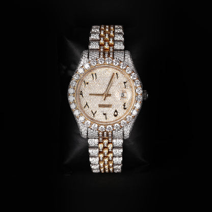 two tone iced watch with arabic dial and diamond bezel design