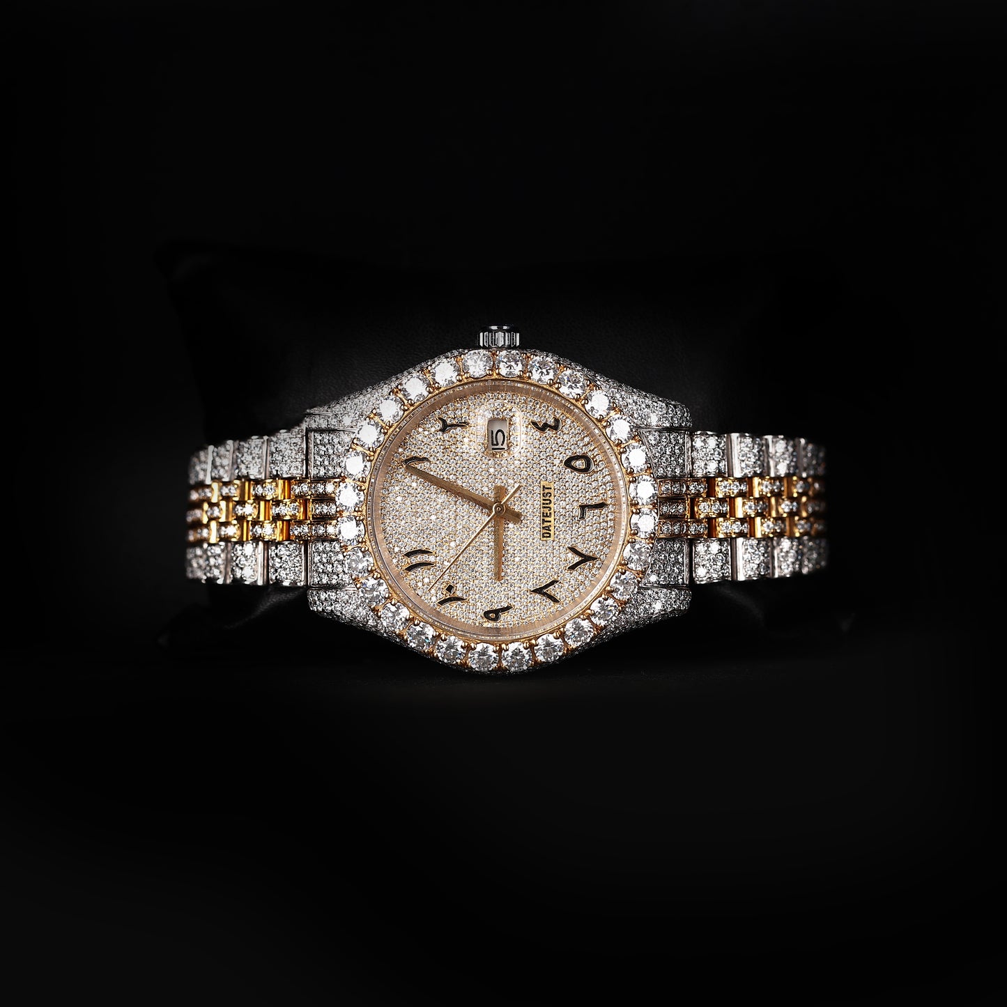 luxury moissanite watch with arabic numbers and iced bracelet