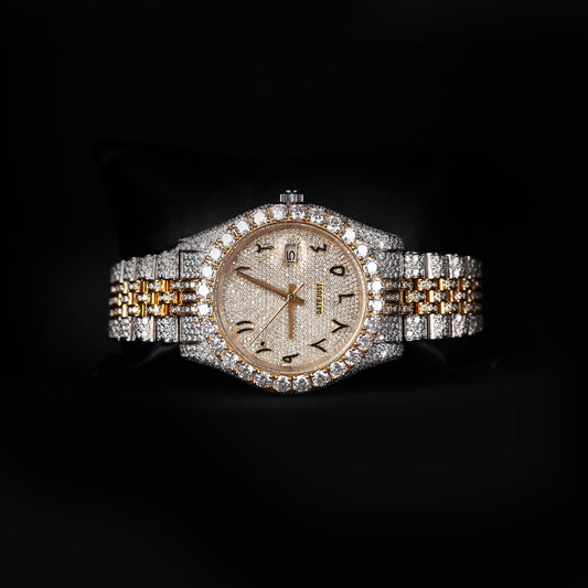 luxury moissanite watch with arabic numbers and iced bracelet