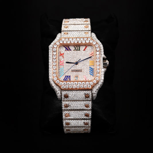 luxury iced square watch with multicolor roman dial and diamond bezel