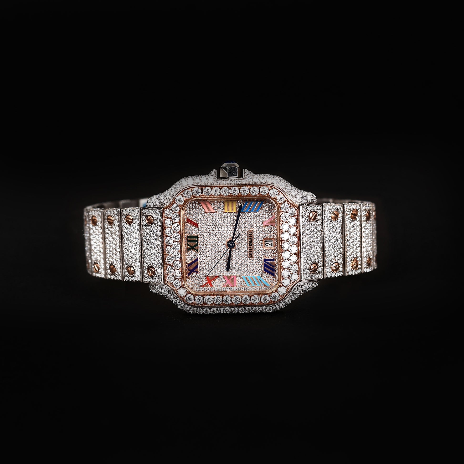 iced bezel wristwatch with unique roman dial and full diamond setting