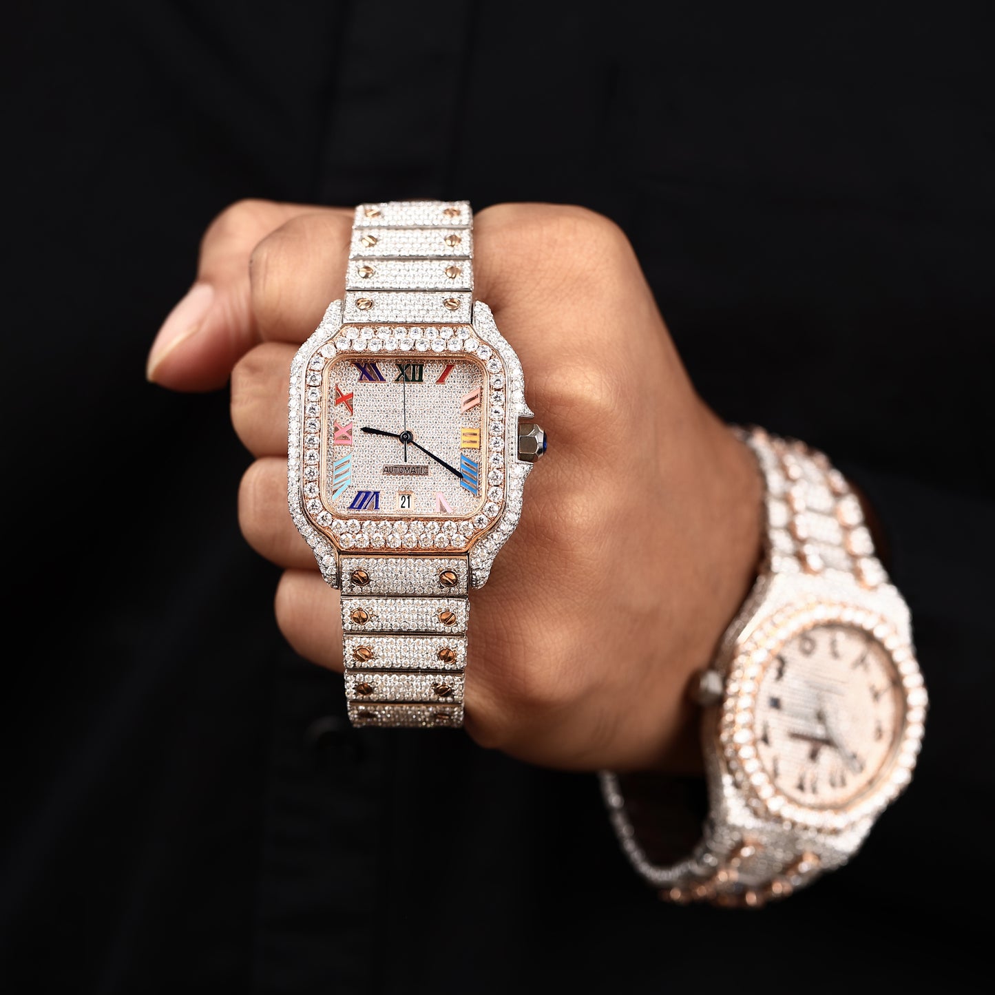 statement luxury watch with square case and multicolor accents