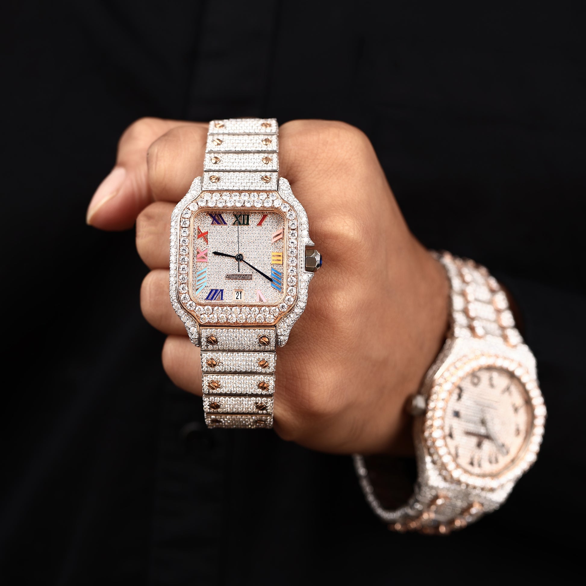 statement luxury watch with square case and multicolor accents