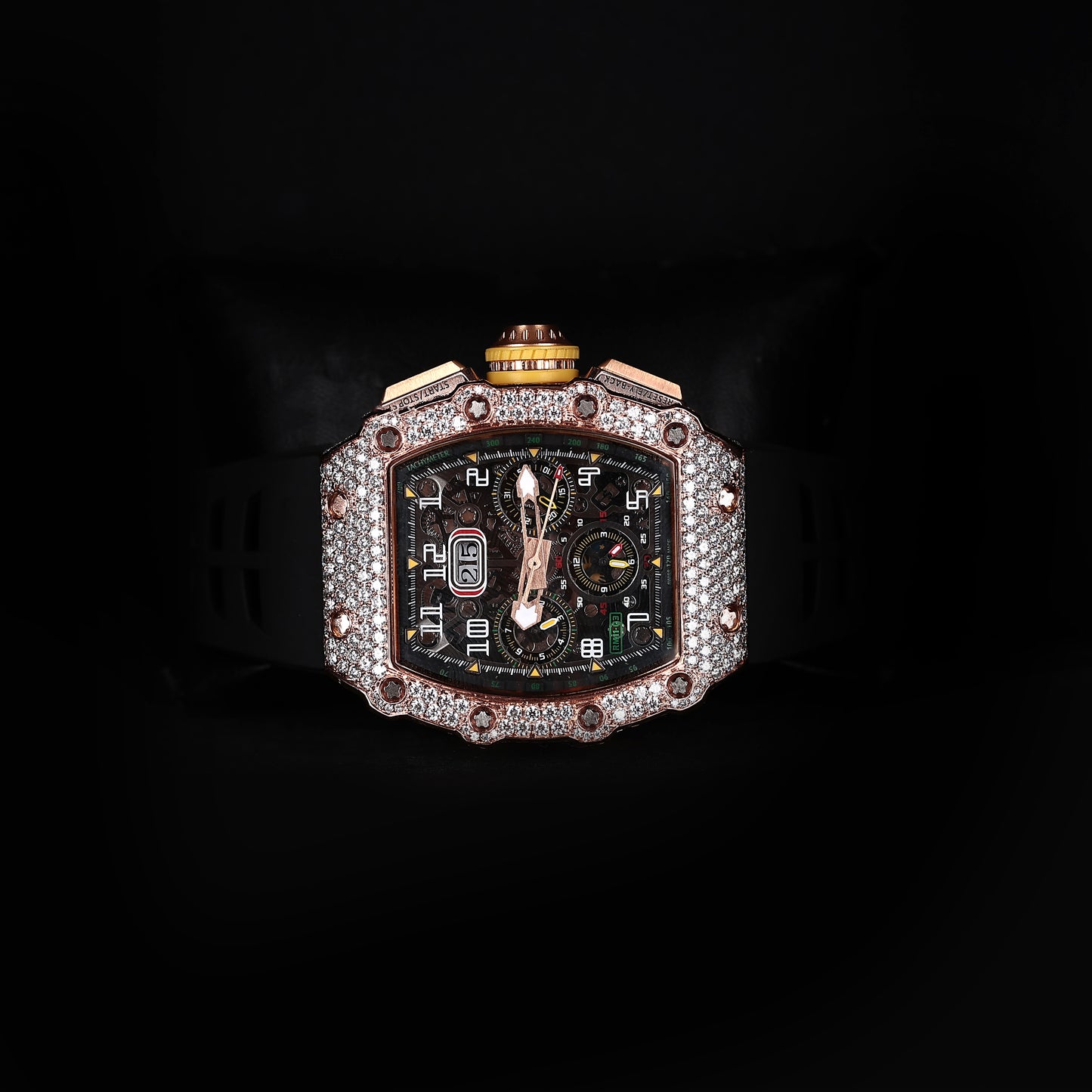 luxury moissanite watch with black strap and diamond bezel