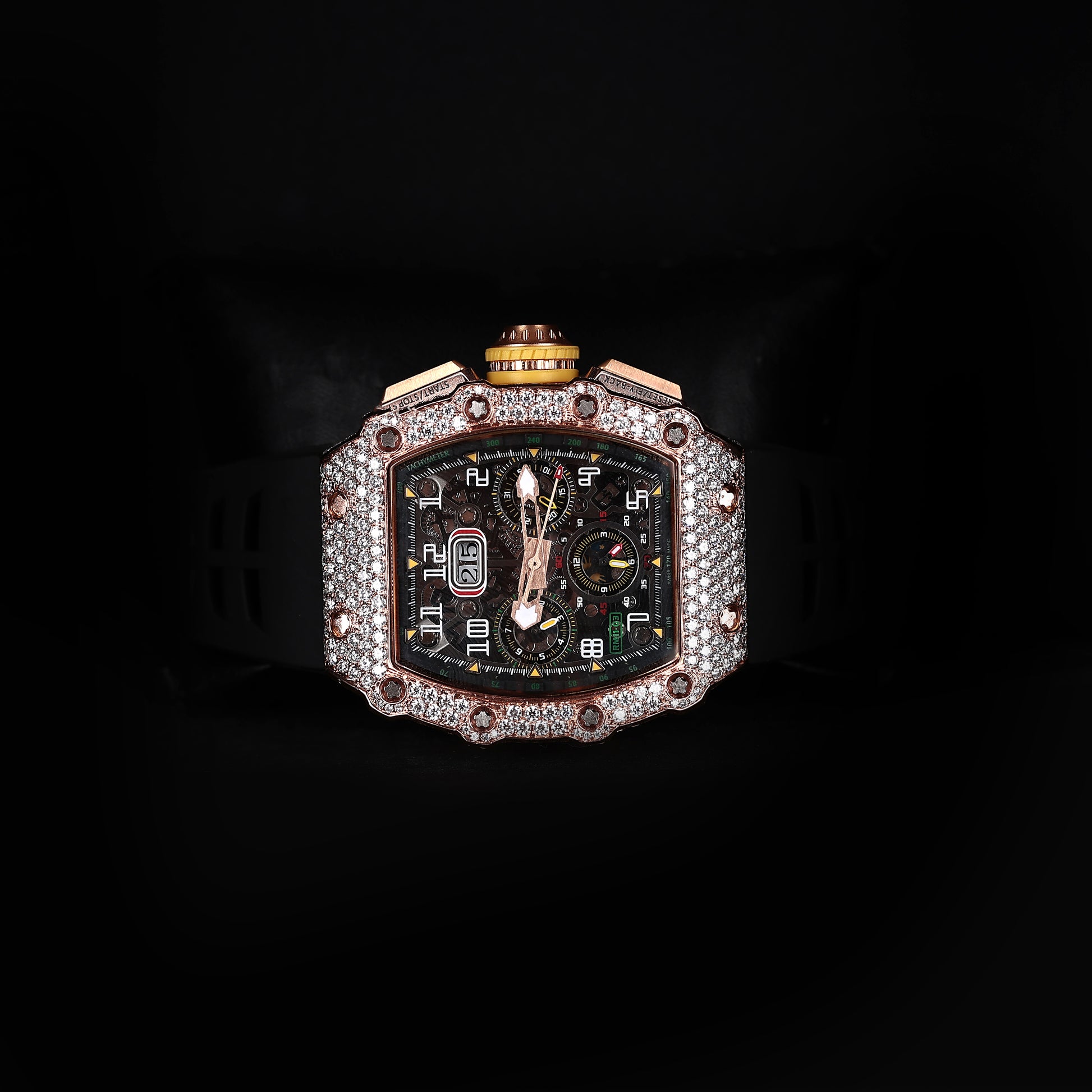 luxury moissanite watch with black strap and diamond bezel