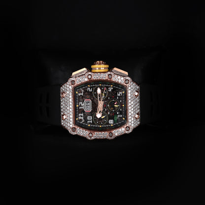 luxury moissanite watch with black strap and diamond bezel