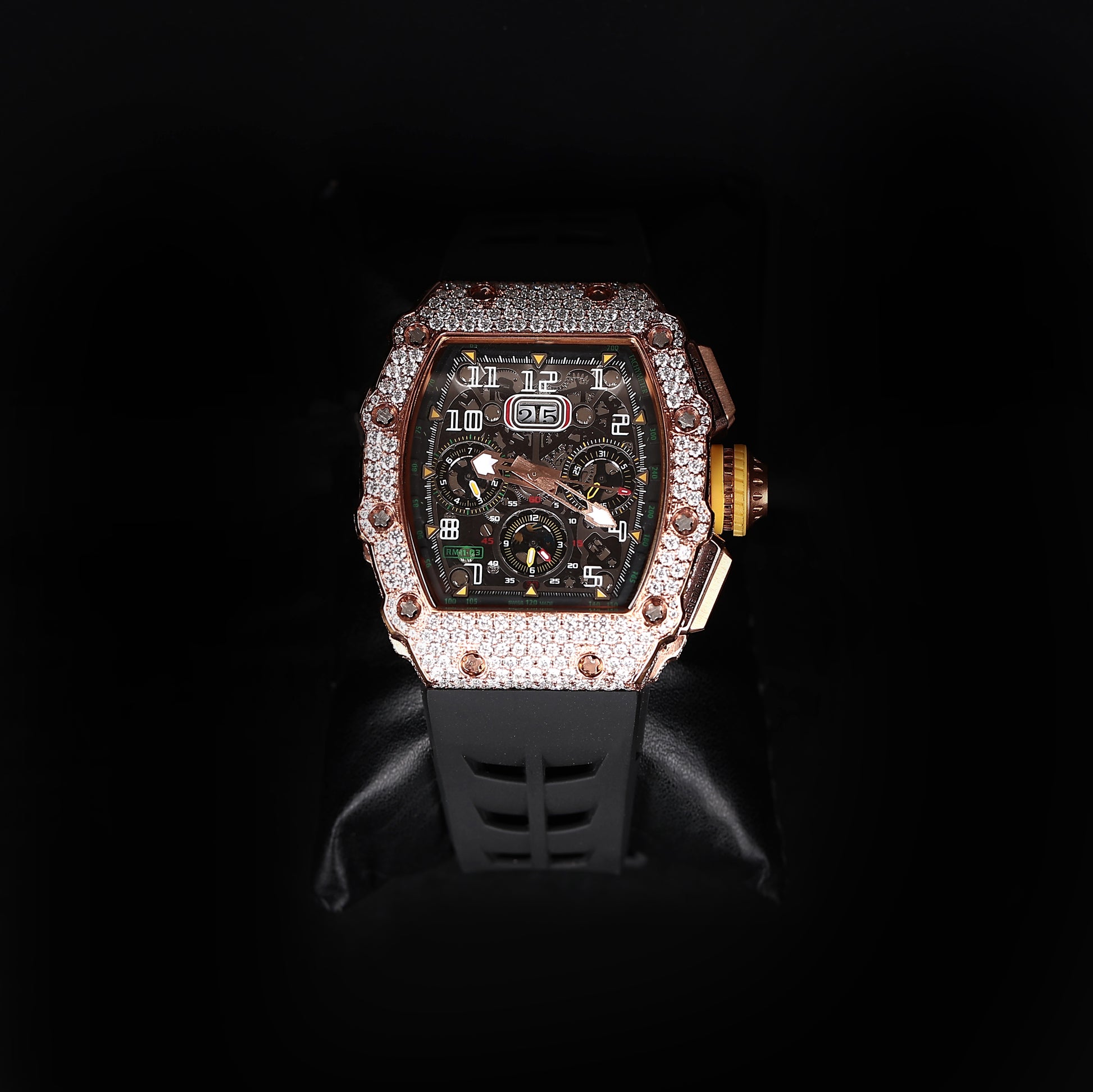 iced sport watch with rubber strap and multi dial chronograph design
