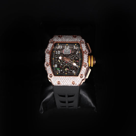iced sport watch with rubber strap and multi dial chronograph design