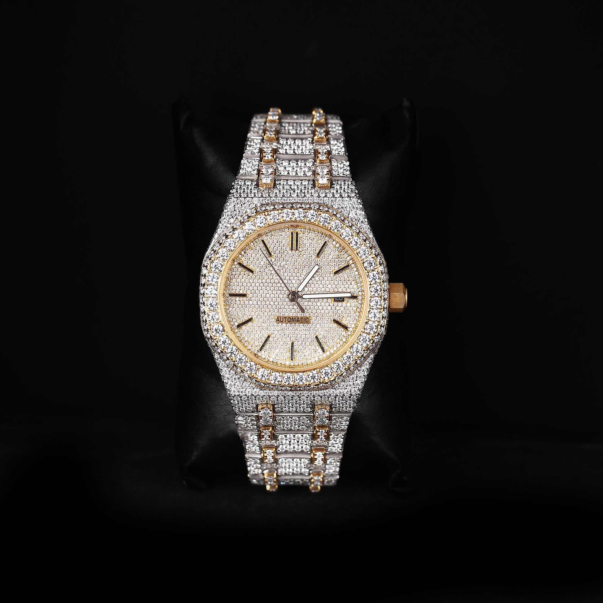 white and yellow iced out watch with round dial and full diamond shine luxury style