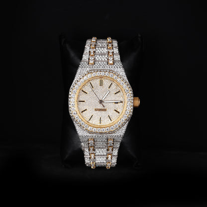 white and yellow iced out watch with round dial and full diamond shine luxury style