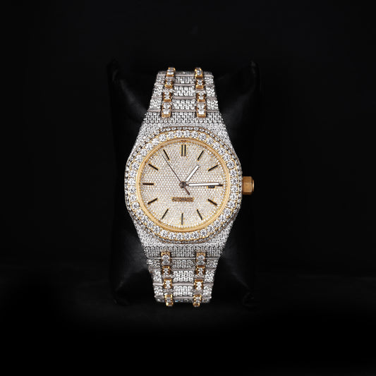 white and yellow iced out watch with round dial and full diamond shine luxury style
