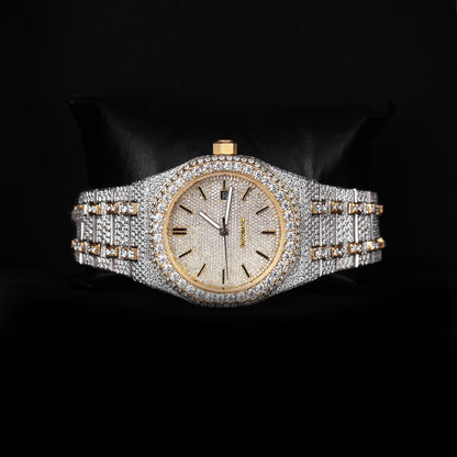 automatic luxury watch with iced bezel and detailed bracelet close up