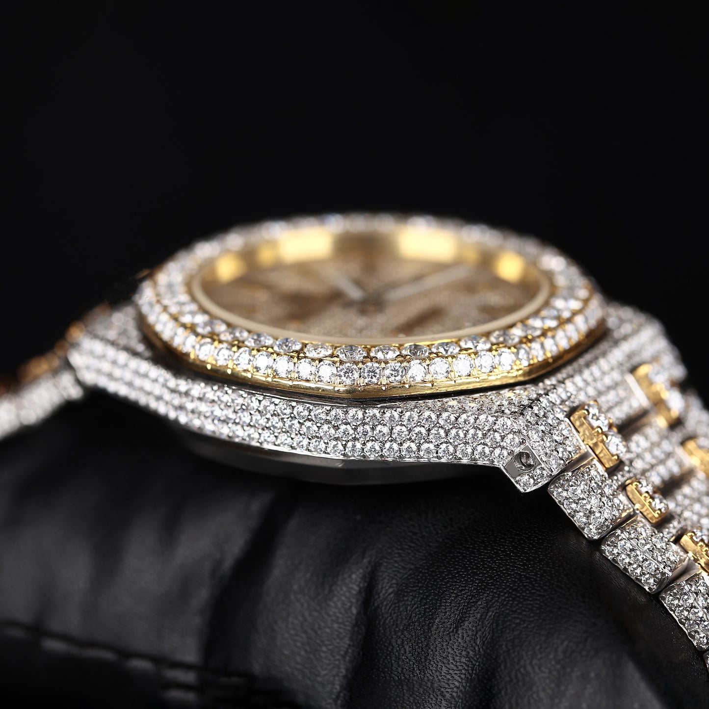 premium moissanite watch with round face and white yellow two tone iced design