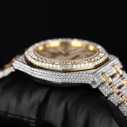 premium moissanite watch with round face and white yellow two tone iced design