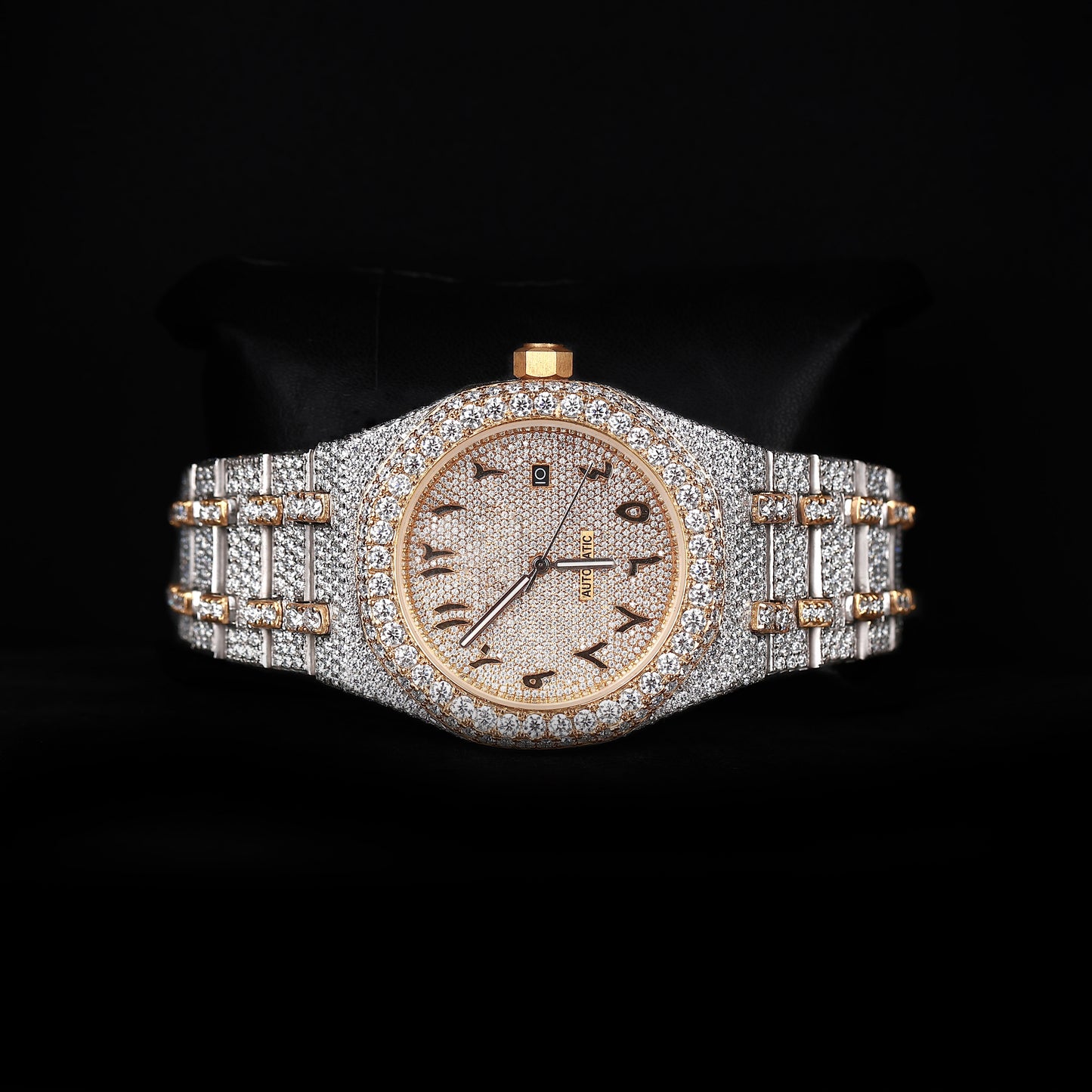 premium moissanite watch with round face and white yellow iced out design