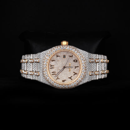 premium moissanite watch with round face and white yellow iced out design