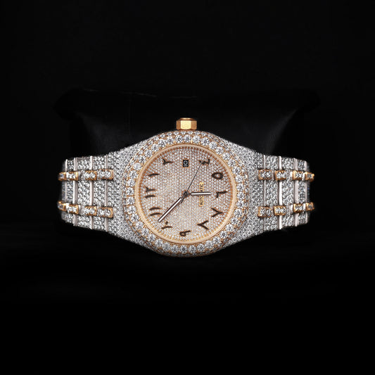 premium moissanite watch with round face and white yellow iced out design