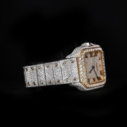 automatic luxury watch with iced out bracelet and detailed stone setting close up