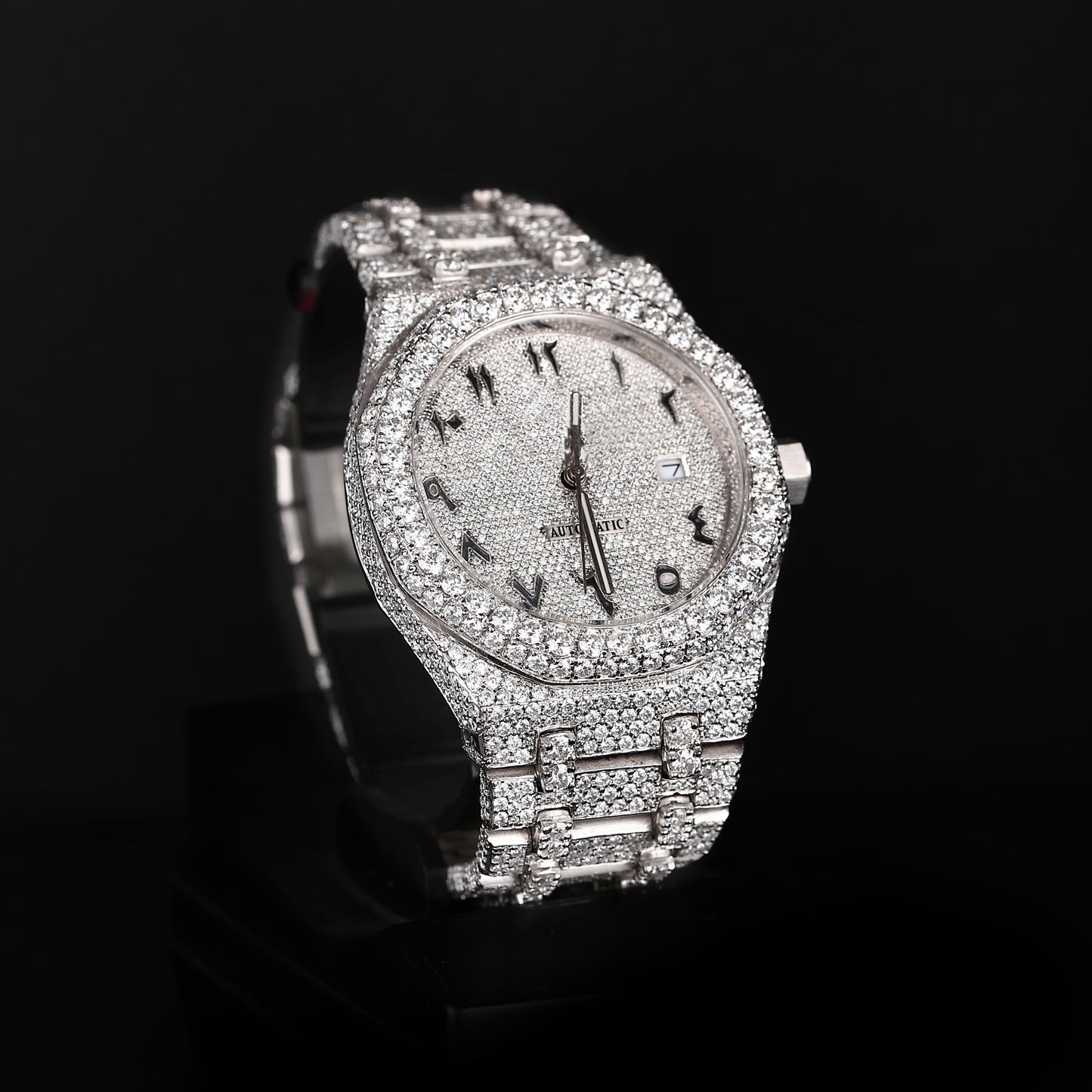 premium moissanite watch with round face and arabic numbers iced out design
