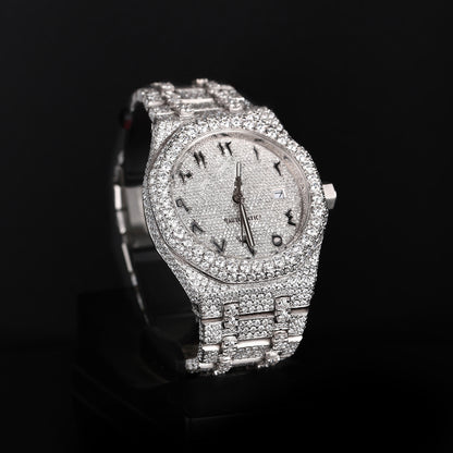 premium moissanite watch with round face and arabic numbers iced out design