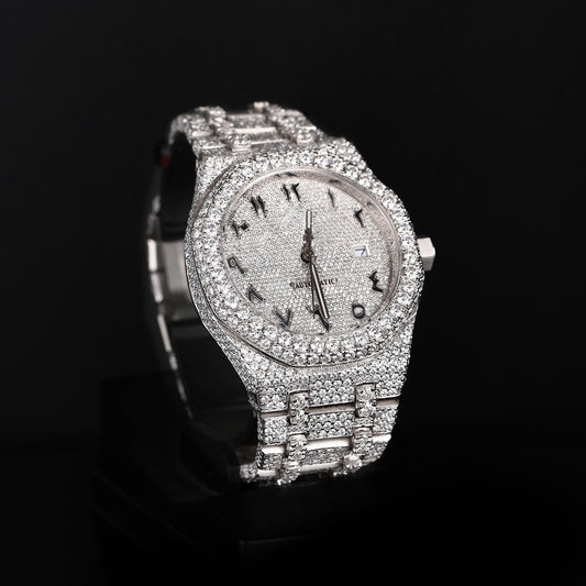 premium moissanite watch with round face and arabic numbers iced out design