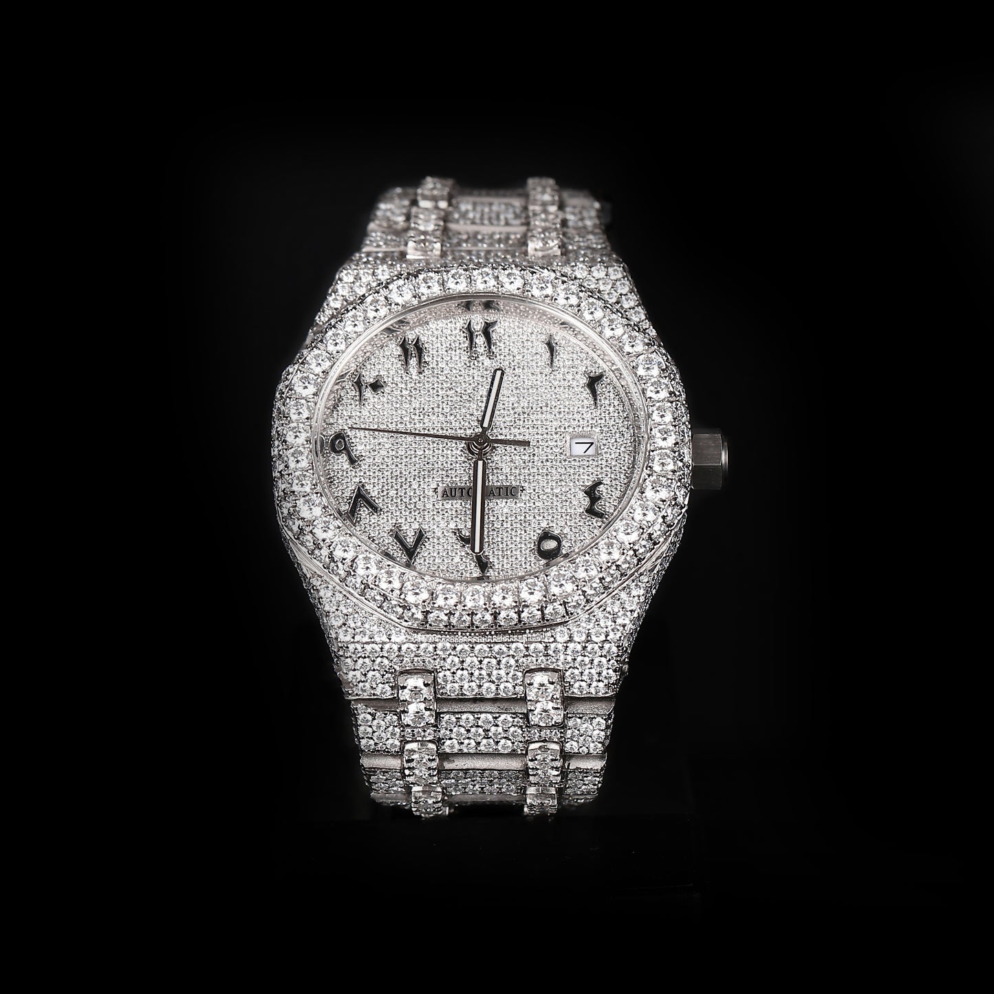 white iced out watch with arabic numeral dial and full diamond shine luxury style