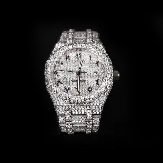 white iced out watch with arabic numeral dial and full diamond shine luxury style