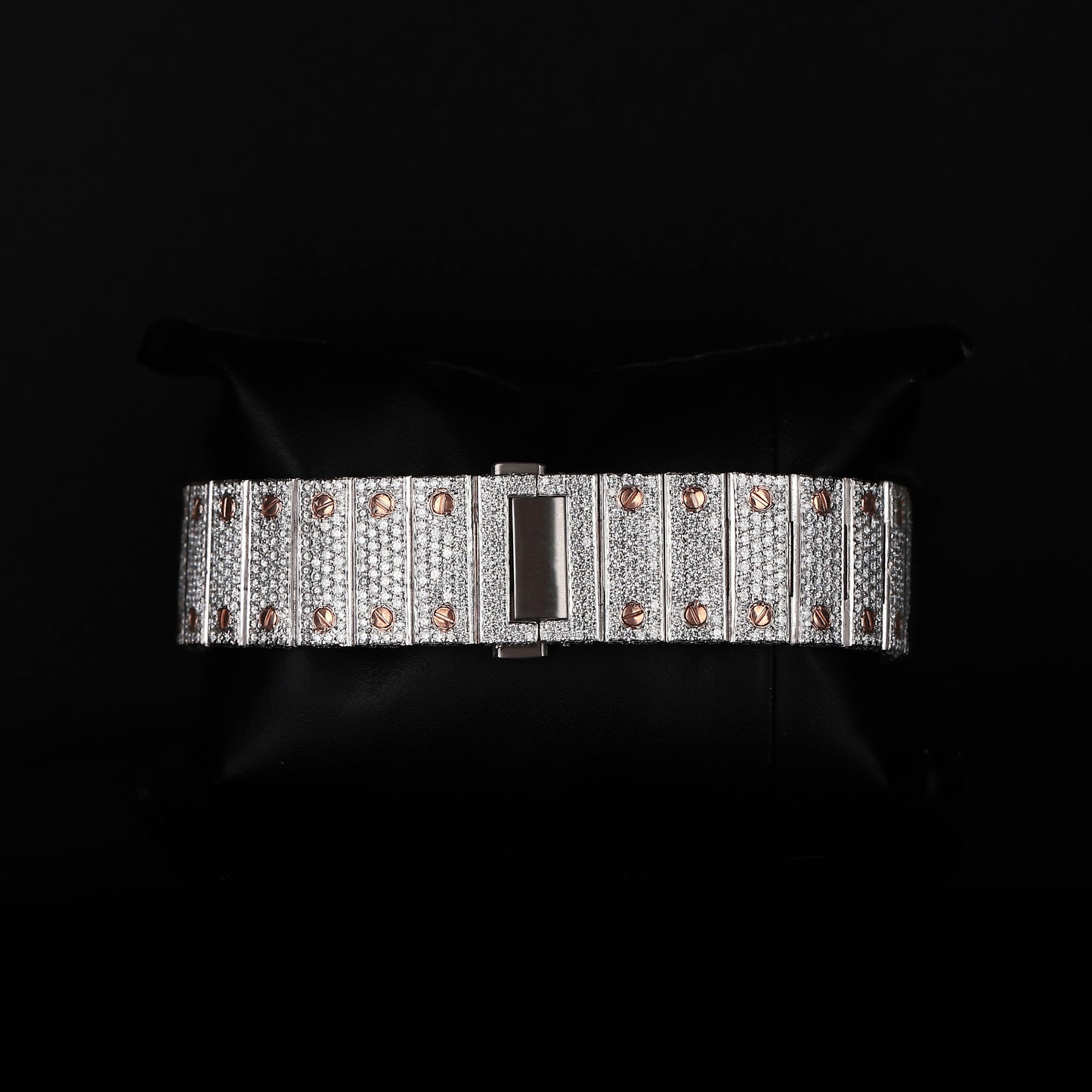 premium white and rose tone wristwatch with full iced bracelet and square dial