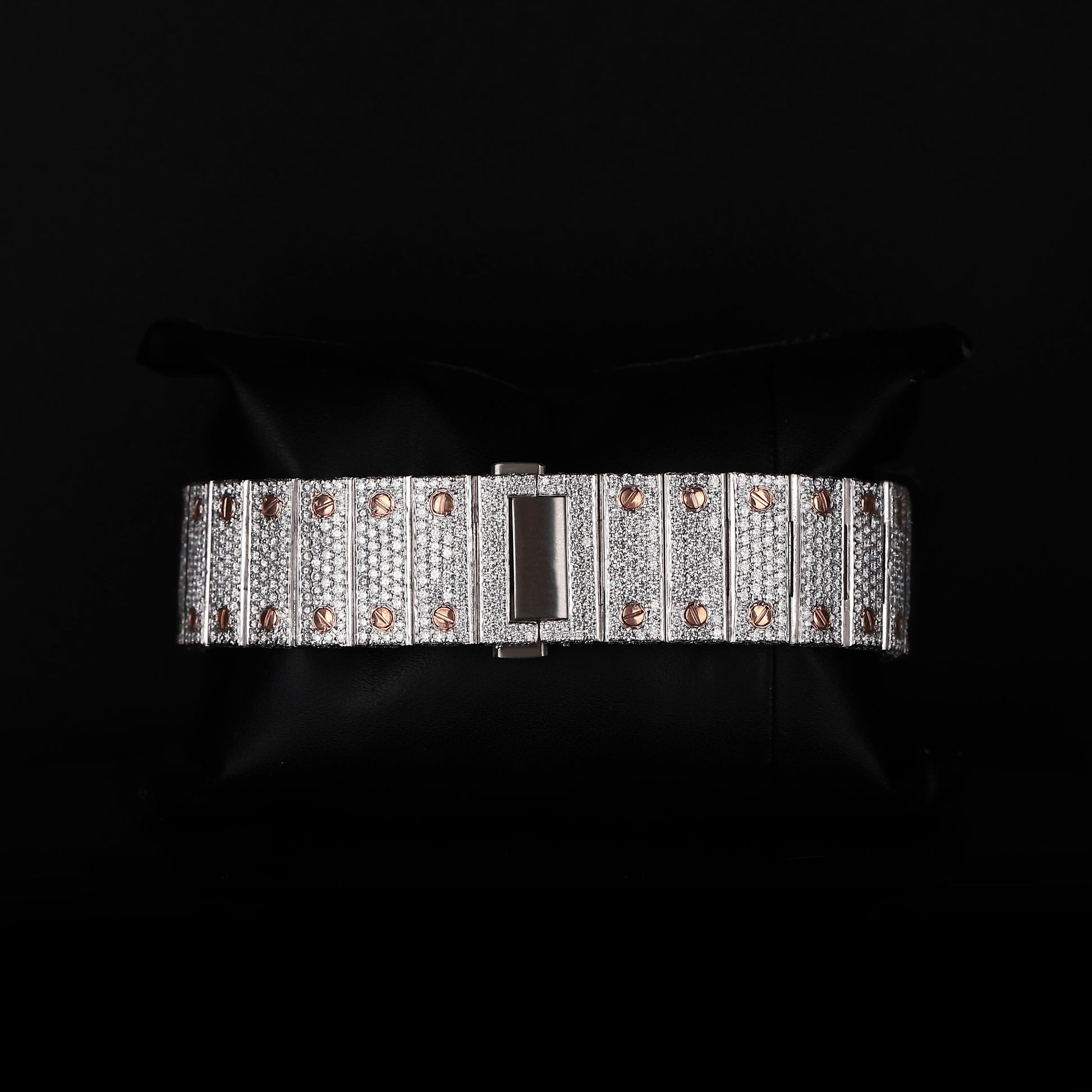 premium white and rose tone wristwatch with full iced bracelet and square dial