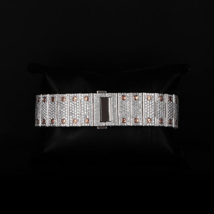 premium white and rose tone wristwatch with full iced bracelet and square dial