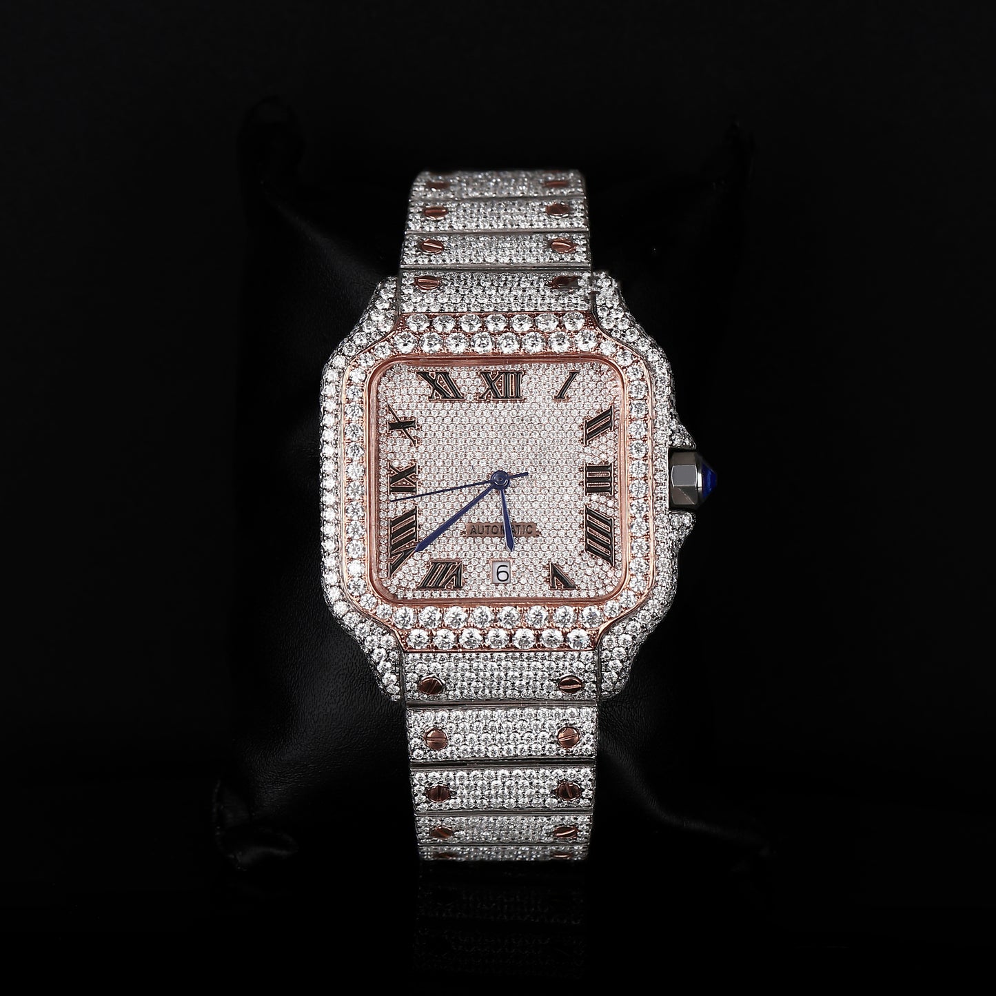 white and rose tone iced out watch with roman numeral dial and premium shine