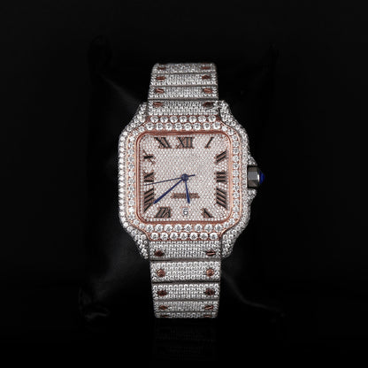 white and rose tone iced out watch with roman numeral dial and premium shine