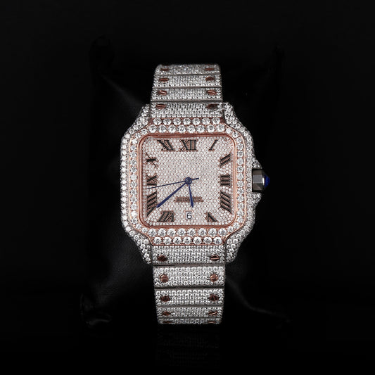 white and rose tone iced out watch with roman numeral dial and premium shine